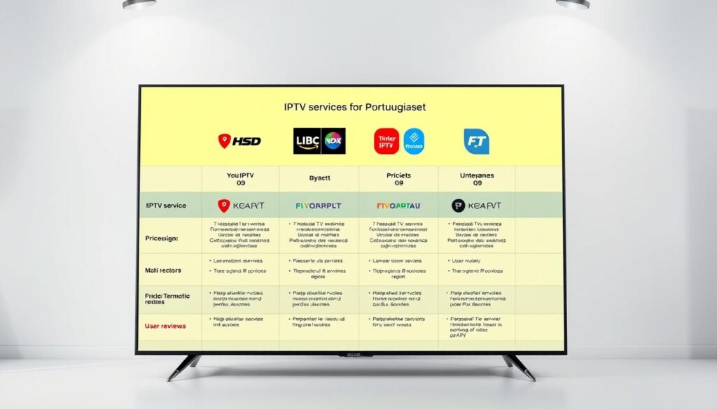 A neatly organized comparison grid showcasing the top IPTV services for Portuguese viewers. The grid is set against a clean, modern background with subtle lighting and camera angles to highlight the key details. The foreground features high-quality icons and logos for each service, arranged in a visually appealing layout. The middle ground presents concise, easy-to-read comparison points such as pricing, channel selection, and user reviews. The background maintains a soft, blurred effect to keep the focus on the core information. The overall composition conveys a sense of professionalism, clarity, and authority, perfectly suited for an article on the best IPTV options for the Portuguese market.