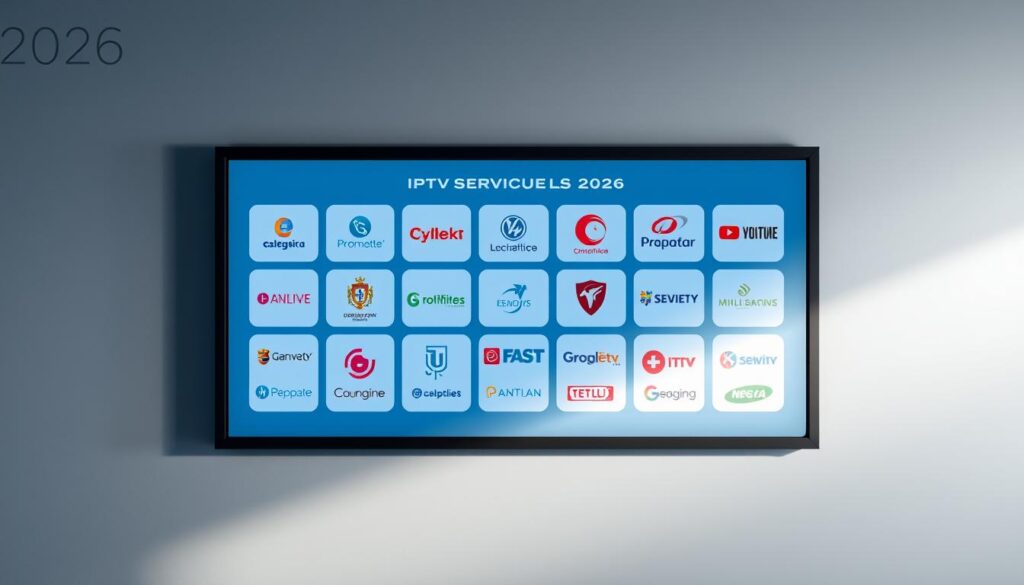 A professional and sleek image of the top Portuguese IPTV service providers in 2026. Set against a modern, minimalist background in shades of gray and blue, the frame showcases a clean grid layout of various IPTV service logos and icons. The providers are presented with a sense of authority and reliability, their brand identities prominently featured. Subtle lighting from the side casts a soft, directional glow, enhancing the premium, high-tech aesthetic. The overall composition strikes a balance between sophistication and functionality, visually communicating the strength and reliability of the leading IPTV options available to Portuguese consumers.