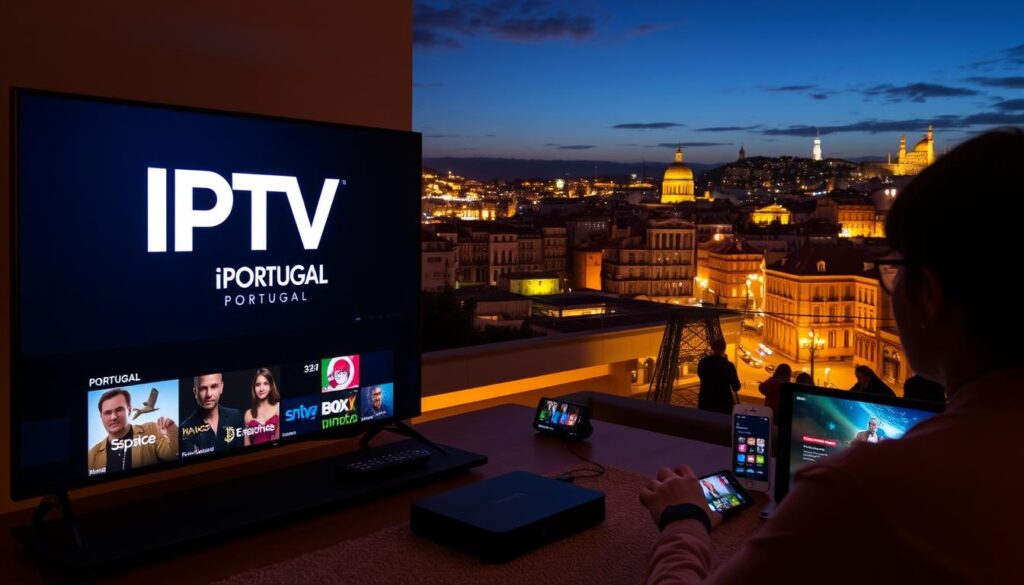 A sleek, modern interface displays the IPTV Portugal logo, showcasing the cutting-edge streaming technology. In the foreground, a user navigates through a seamless menu, accessing a vast library of live channels and on-demand content. The middle ground features various devices, including smart TVs, set-top boxes, and mobile devices, all connected to the IPTV Portugal service. The background depicts a cityscape of Lisbon, Portugal, with iconic landmarks and a vibrant nightlife, hinting at the global reach and availability of the IPTV platform. The scene is illuminated by a warm, ambient lighting, creating a sense of sophistication and technological advancement.