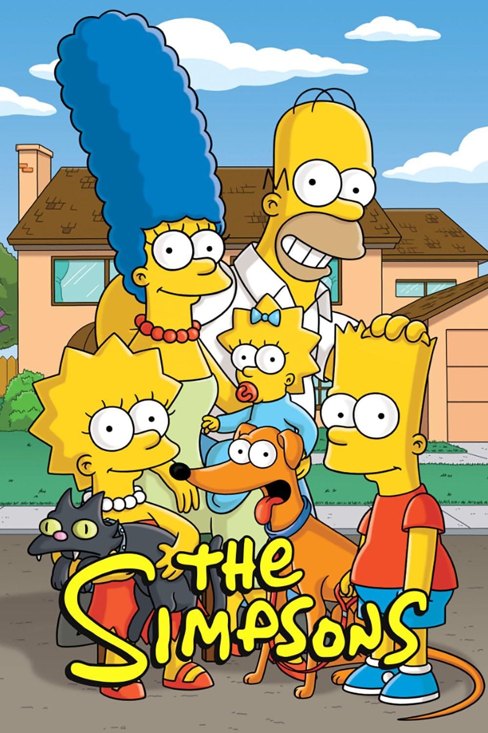 Animated image of The Simpsons family in front of their house, featuring Marge, Homer, Maggie, Lisa (with a cat), Bart (with a dog), with The Simpsons title in yellow text—perfect for fans streaming on IPTV Latino.