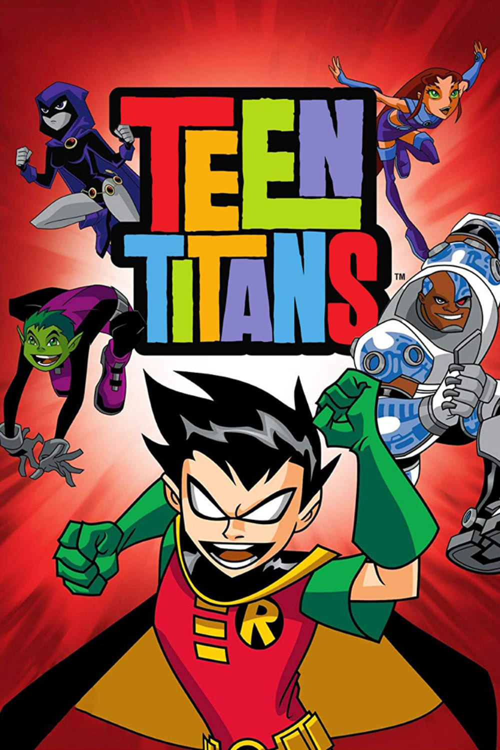 Five animated superheroes from Teen Titans—Robin, Starfire, Cyborg, Raven, and Beast Boy—pose in action stances before a red background with the colorful TEEN TITANS logo in the center, perfect for fans streaming on Latino IPTV.