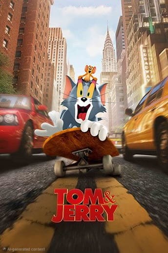 Tom the cat rides a skateboard down a busy city street with Jerry the mouse on his head, passing yellow taxis and tall buildings. The Tom & Jerry logo and an IPTV Latino banner appear at the bottom.