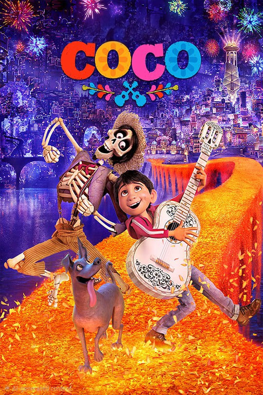 Animated poster for the movie Coco showing a boy playing a guitar, a skeleton in a hat dancing, and a dog on orange petals, with a colorful city and fireworks—perfect for fans of IPTV Latino who love vibrant visuals and heartfelt stories.