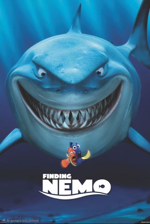 A large, smiling shark with sharp teeth looms behind two small, frightened fish—Dory and Marlin—against a blue underwater background. The Finding Nemo movie title appears at the bottom, perfect for streaming on Latino IPTV.