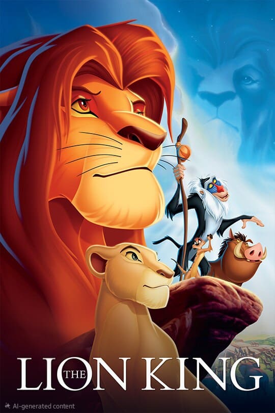 Illustrated poster for The Lion King featuring a proud lion, a lioness, a meerkat, a warthog, and a mandrill on a rock, with a large lion face in the sky—perfect for fans of Latino IPTV and IPTV Latino.