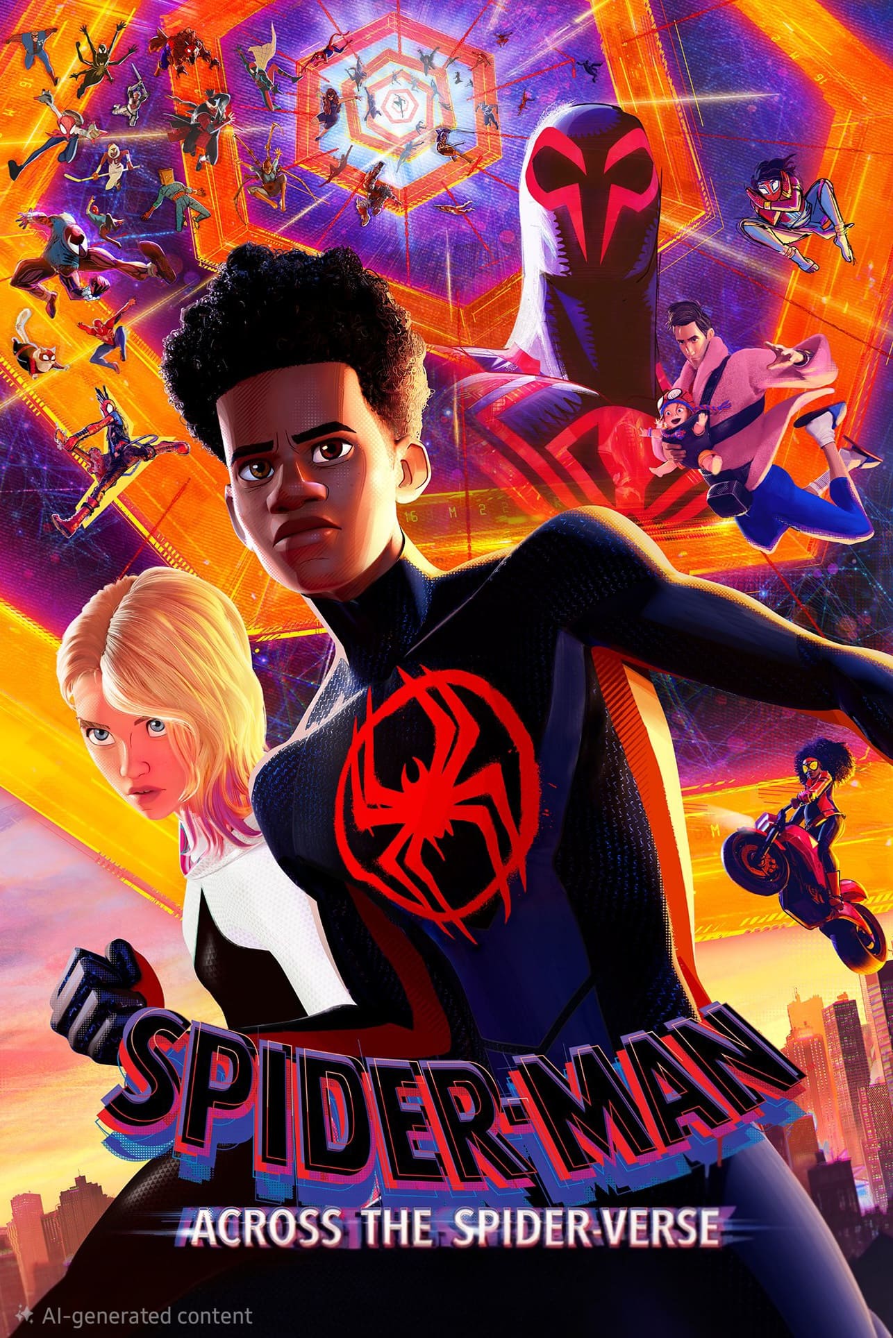 Poster for Spider-Man: Across the Spider-Verse featuring multiple versions of Spider-Man, including a central character in a black suit with a red emblem, Spider-Gwen, and a vibrant, multiverse background—perfect for fans streaming on IPTV Latino.