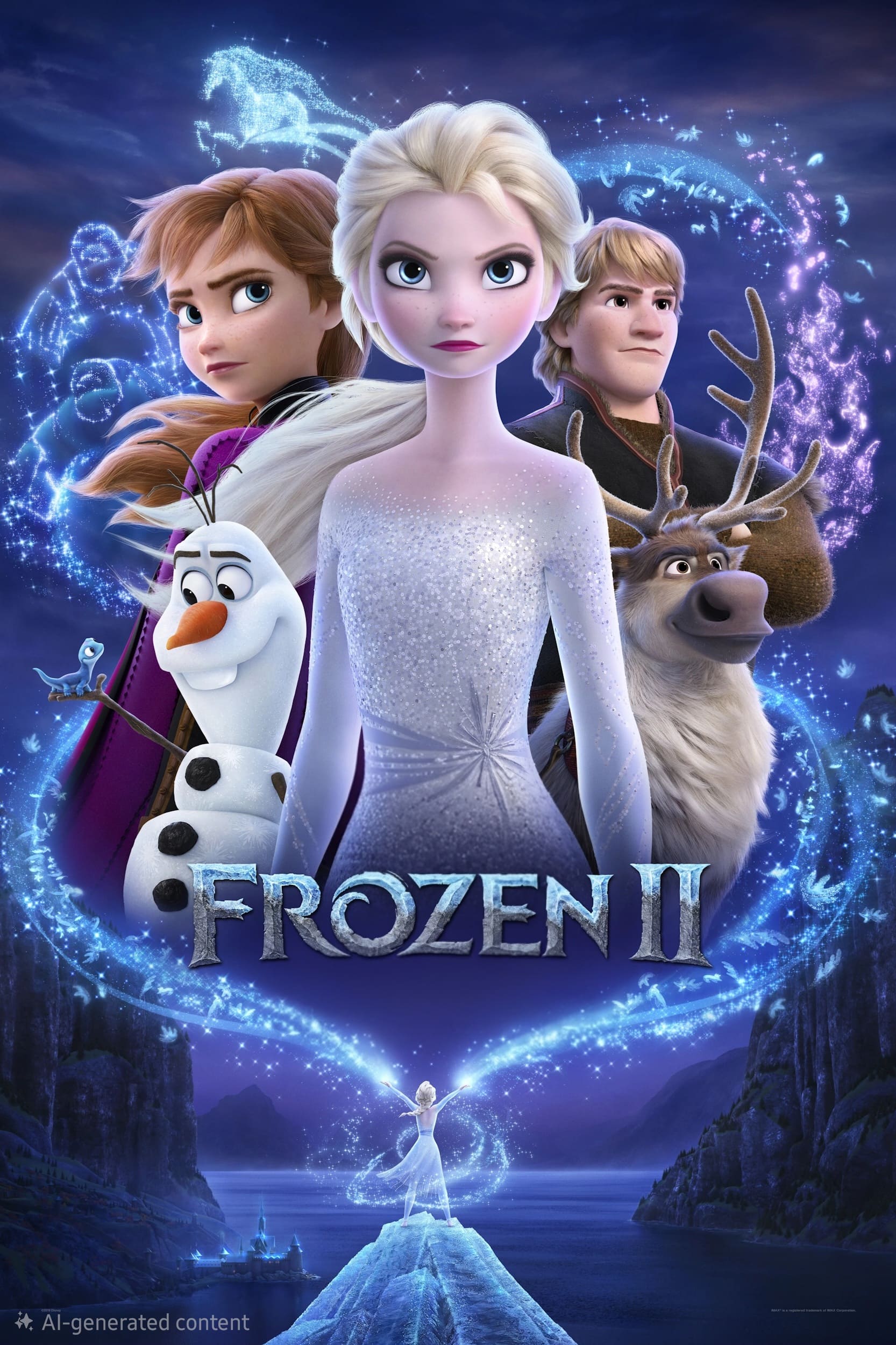 Movie poster for Frozen II featuring Elsa, Anna, Kristoff, Sven the reindeer, and Olaf the snowman with magical ice designs—perfect for streaming on IPTV Latino. Elsa stands in the center, with the title Frozen II below them.