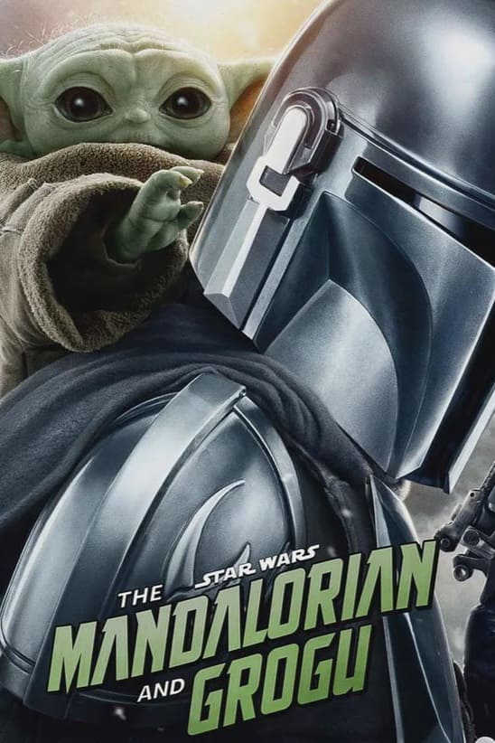 Poster for The Mandalorian and Grogu featuring the Mandalorian in silver armor and helmet, with Grogu (Baby Yoda) peeking over his shoulder, plus a bold green movie title at the bottom—perfect for fans streaming on IPTV Latino.