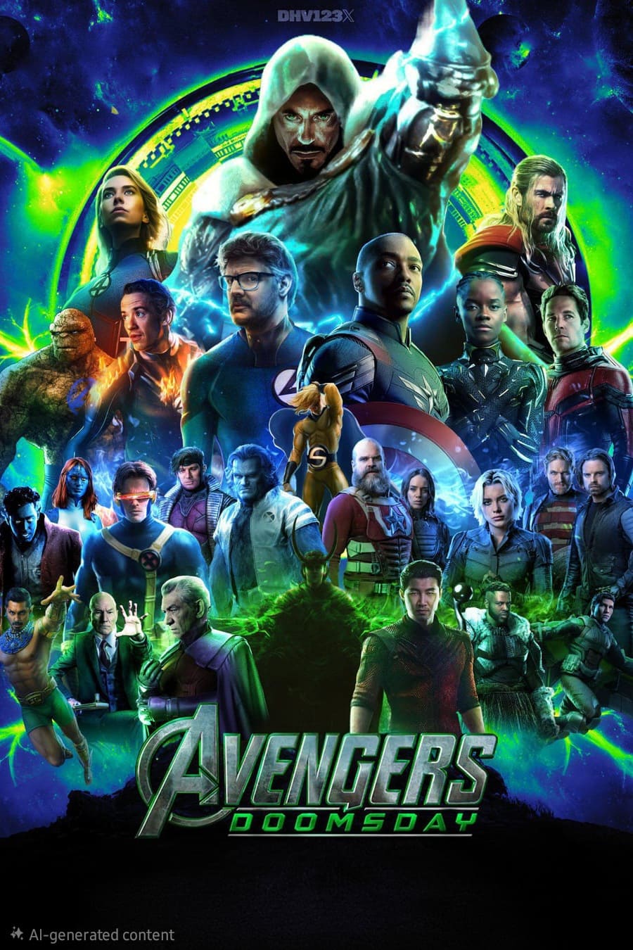 A dynamic fan-made poster shows various Marvel Avengers characters and villains in dramatic poses, with cosmic energy effects, green light, and a subtle nod to IPTV Latino. Avengers Doomsday is boldly displayed at the bottom.