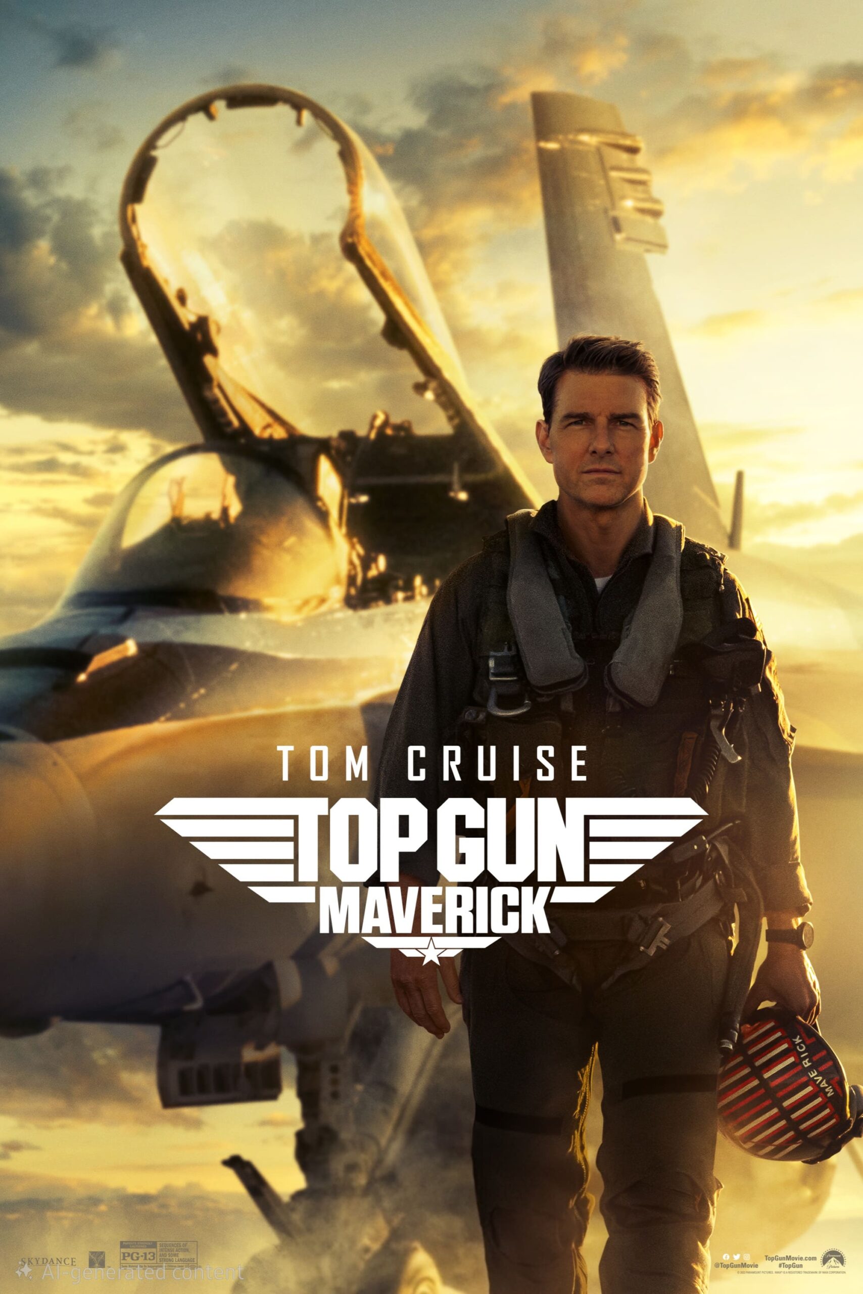 A man in a pilot suit stands confidently in front of a fighter jet at sunset, holding a striped helmet. The text reads “Tom Cruise - Top Gun: Maverick,” now streaming on IPTV Latino for an immersive viewing experience.
