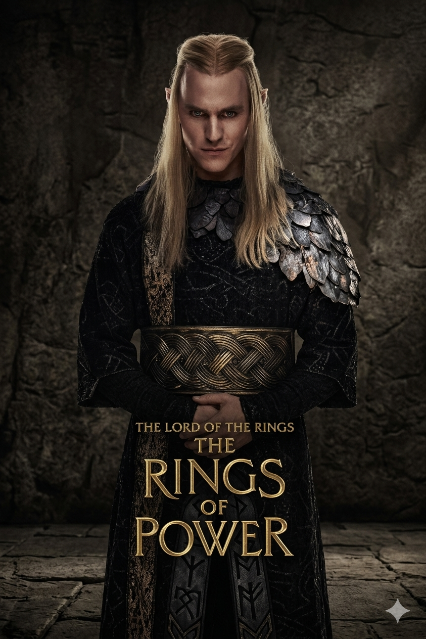 A serious elf with long blond hair and pointed ears stands against a stone wall in dark, ornate armor. Text reads: The Lord of the Rings: The Rings of Power on Latino IPTV.