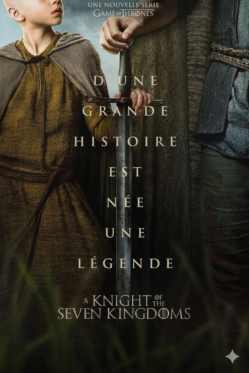 Poster for “A Knight of the Seven Kingdoms” shows a child holding the hand of an armored adult with a sword. French text reads, Dune grande histoire est née une légende, perfect for fans streaming on Latino IPTV. Series title appears at the bottom.