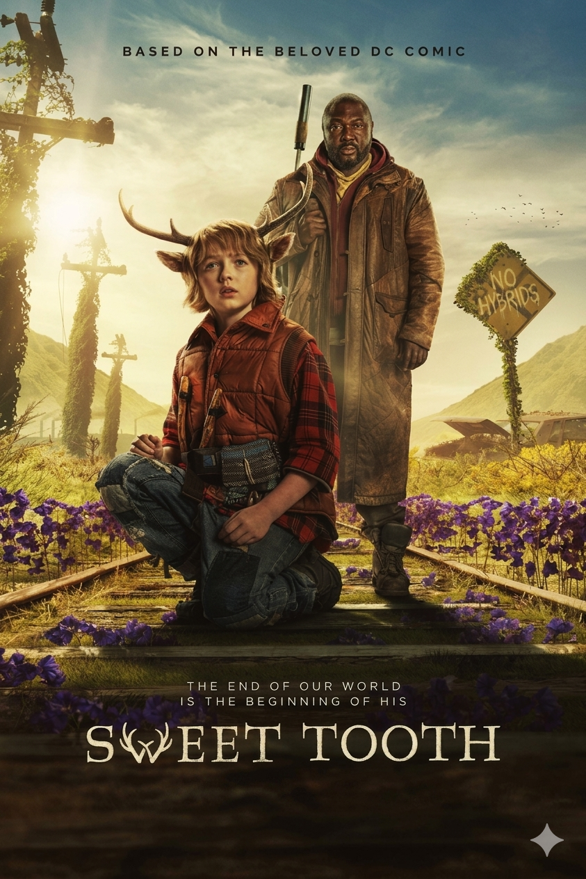 A boy with deer antlers sits on train tracks next to a man in a coat; a No Hybrids sign is in the background. The poster reads: Sweet Tooth and The end of our world is the beginning of his, streaming now on Latino IPTV.