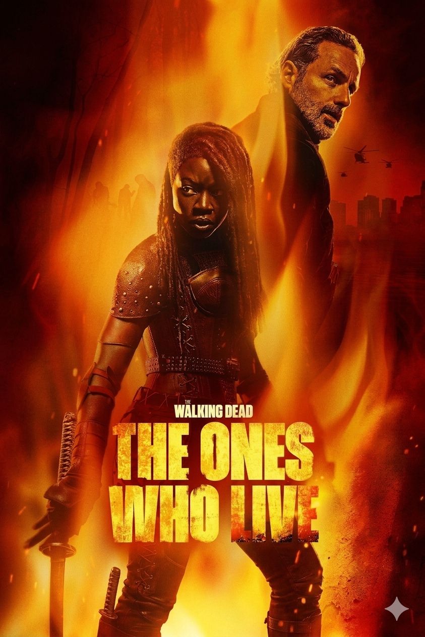 A dramatic poster for The Walking Dead: The Ones Who Live highlights two main characters, with streaming options like Latino IPTV making the show accessible. A woman with dreadlocks and a katana stands before flames and a city skyline, a man close behind her.