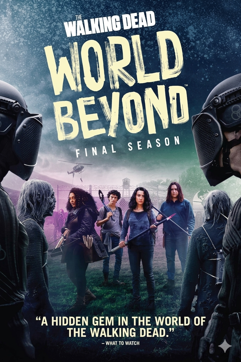 Poster for The Walking Dead: World Beyond – Final Season showing five young characters with weapons, surrounded by masked, armored figures. The show's title is prominent at the top—now streaming on Latino IPTV.