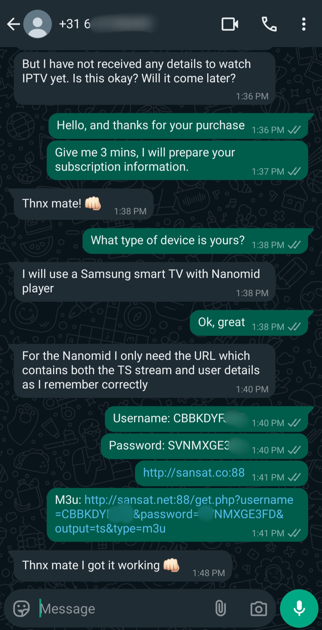 A WhatsApp chat shows a conversation about setting up IPTV Latino on a Samsung smart TV. One person provides a username, password, and M3U link. The other confirms success with a fist bump emoji.