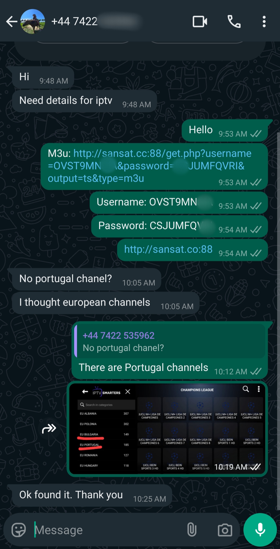 A WhatsApp chat about IPTV Latino details. One user shares a link, username, and password. The other asks about Portugal channels. A screenshot confirms that Portugal and other Latino IPTV channels are available.