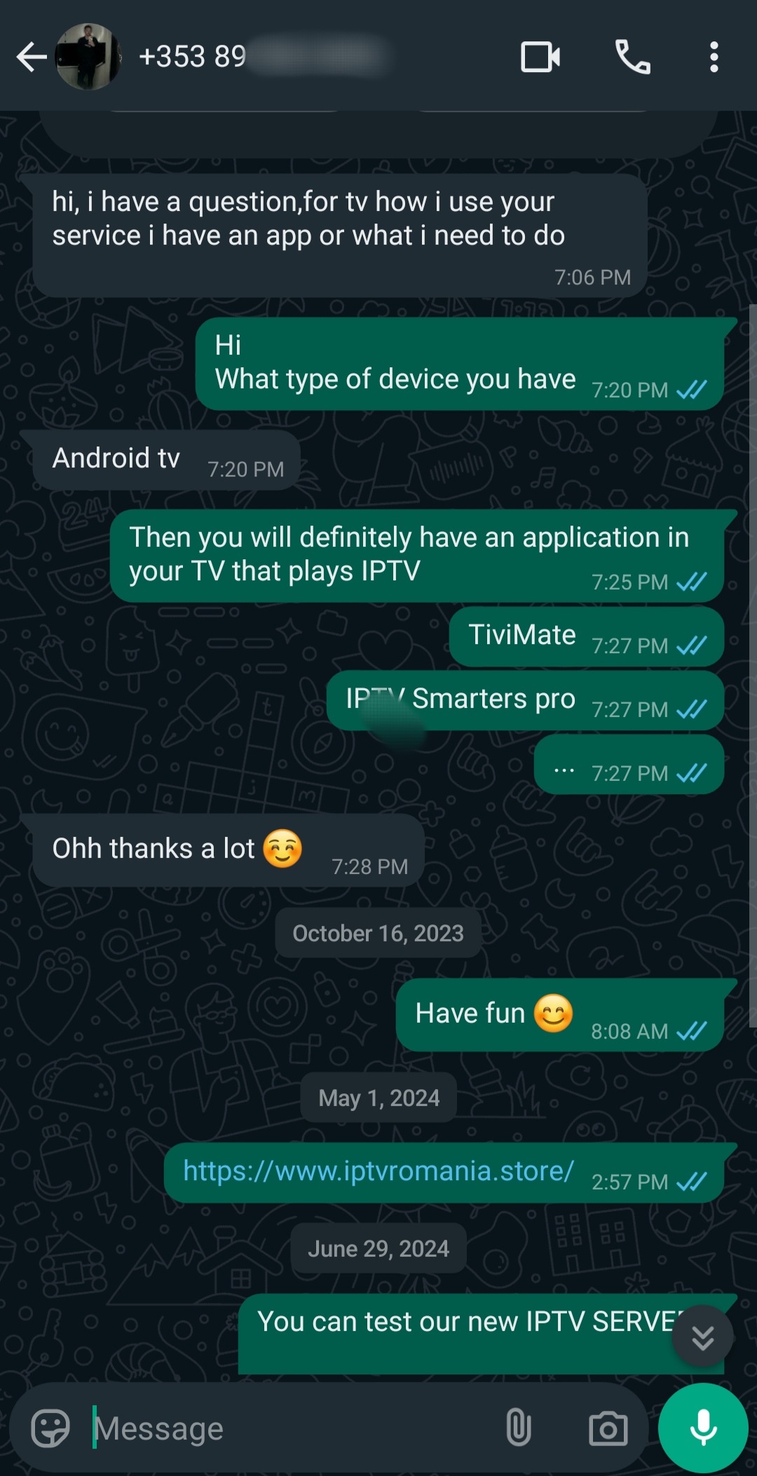 A WhatsApp chat about IPTV Latino on Android TV. The user asks what to do; the support agent suggests installing IPTV Smarters Pro or Tivimate, shares a link, and provides a new Latino IPTV server update.