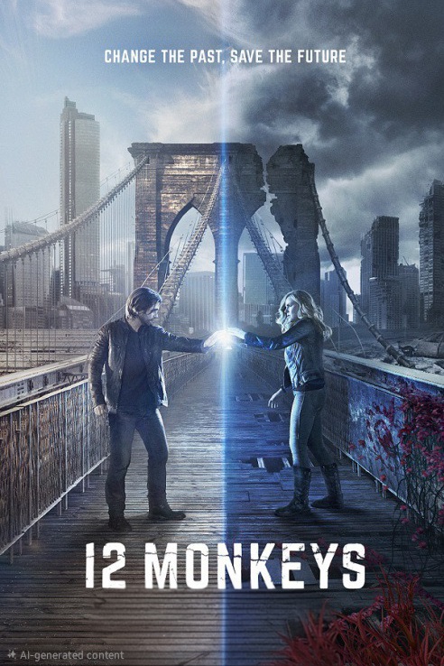 Two people stand on a bridge divided by a glowing blue line, touching hands. One side is a ruined city, the other an intact skyline—watch “12 Monkeys” with Latino IPTV and experience how changing the past can save the future.