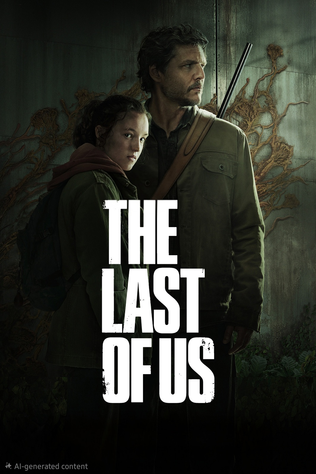 A man with a rifle and a young girl stand close together in front of a wall covered in fungus-like growths. Large white text across the image reads, THE LAST OF US, available now on Latino IPTV.