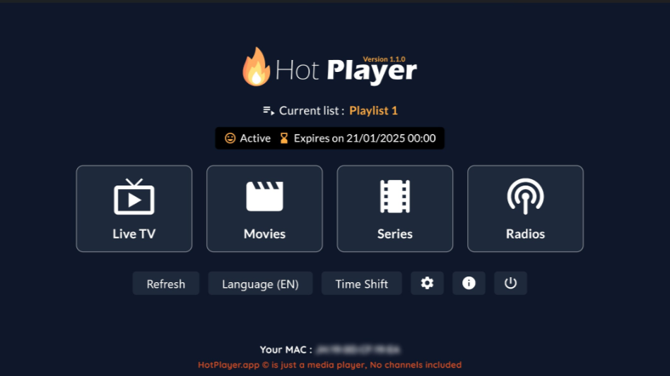 Screenshot of the Hot Player media app interface featuring Latino IPTV options like Live TV, Movies, Series, and Radios. The subscription is active until 21/01/2025, and the MAC address appears at the bottom.