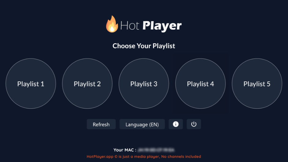 A dark-themed web interface for “Hot Player” shows five circular buttons labeled Playlist 1 to Playlist 5, ideal for IPTV Latino users. Below are Refresh, Language, and Power buttons, with copyright info and a blurred-out MAC address at the bottom.