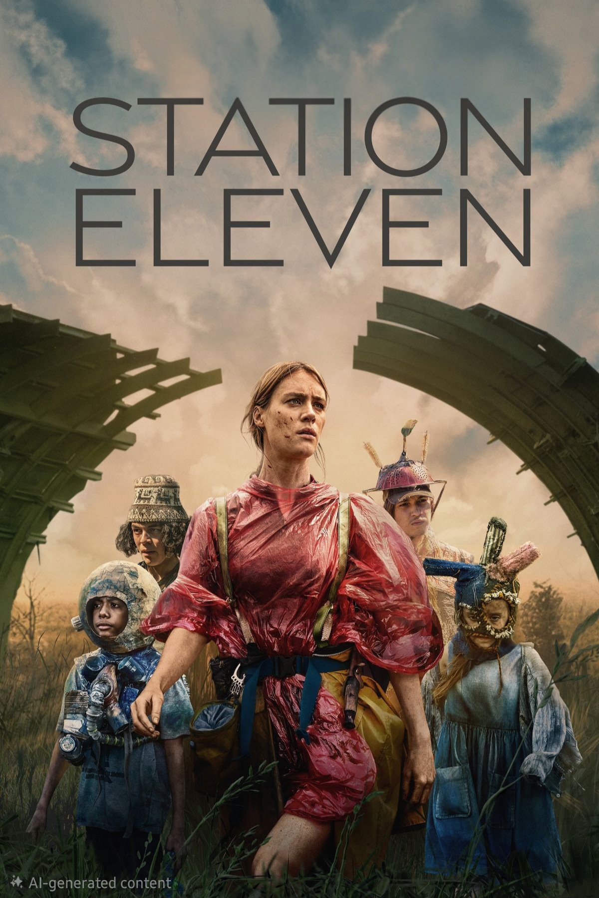A group of five people in colorful, eccentric costumes stand in tall grass between two large, curved, broken structures under a dramatic sky. The words Station Eleven appear above them, reminiscent of a scene from an IPTV Latino drama.